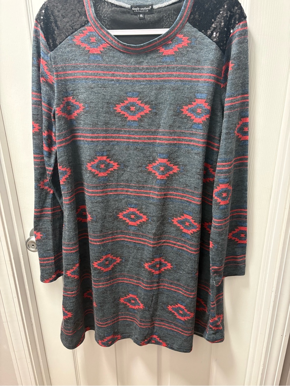 Simply Southern Grey Dress with Aztec Pattern, red and blues.